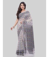 DESH BIDESH Women`S Hirokduti Resham Dhakai Jamdani Bengal Pure Cotton Handloom Saree Whole Body Design Without Blouse Piece(White Grey)